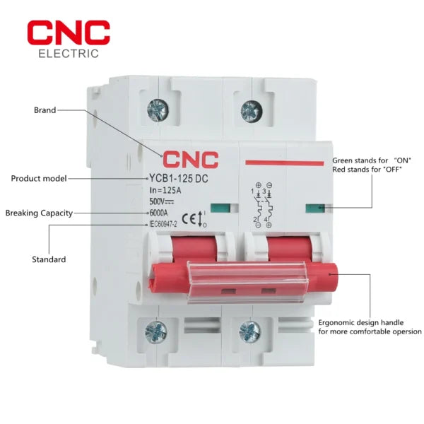 DC 2P Circuit Battery Breakers 500V Breaking Capacity 125A YCB1-125