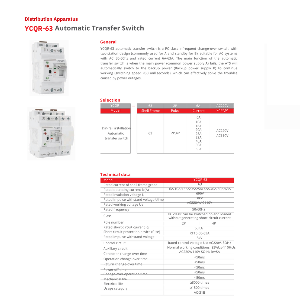 CNC 4 Pole ATS YCQR-63 Automatic Transfer Switch for Seamless Power Transition