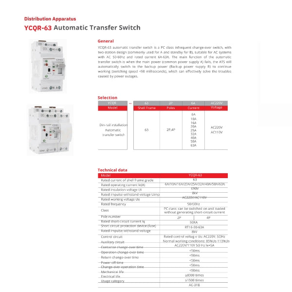 CNC 4 Pole ATS YCQR-63 Automatic Transfer Switch for Seamless Power Transition